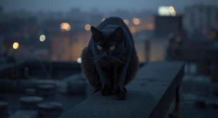A dark feline on a rooftop hunting a bird illuminated by soft street lighting
