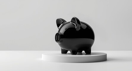 A stylish black piggy bank resting on a smooth white platform with copy space for wealth saving illustrations