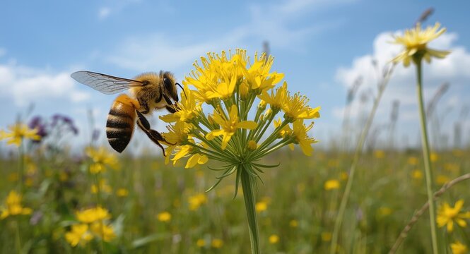A joyful honey bee collects nectar from blooming yellow charlock flowers on a sunny spring day