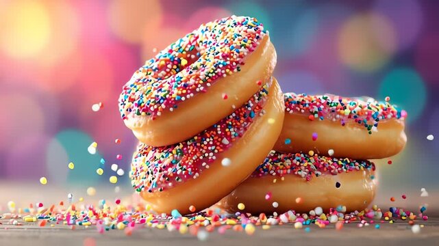 Colorful donuts with sprinkles stacked high.