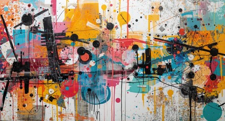 Naklejka premium Dynamic mixed media abstract artwork with graffiti style dots, patterns, and brush strokes for creative print projects