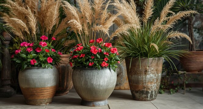 Artistic garden containers combining mandevilla and feather grass plants