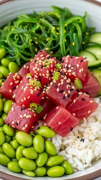 Vibrant Sushi Bowl with Tuna Edamame and Seaweed Salad