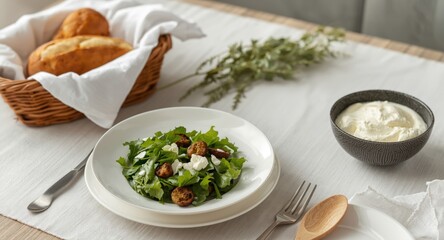 Breakfast table with fresh salad, cottage cheese, bread, and copy space