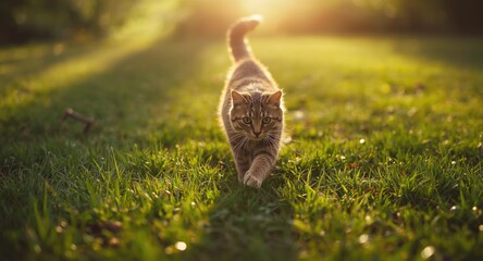 Obraz premium Lively cat chasing shadows on green grass full length perspective in radiant summer weather