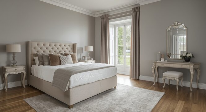 Contemporary bedroom design with a double bed and elegant dressing table for stylish home decor