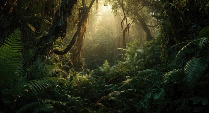 Dynamic tropical rainforest setting with rich plant textures and engaging parallax effect