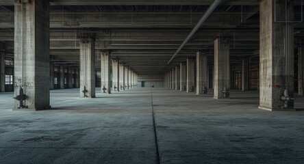 Industrial warehouse interior emphasizing exposed piping and valve fixtures on concrete surfaces providing large copy space for advertising use