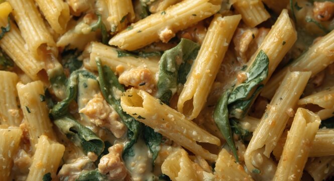 Birds eye view of spinached penne pasta with creamy chicken sauce