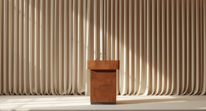 Contemporary earth tone podium with silk curtain background providing sophisticated presentation area