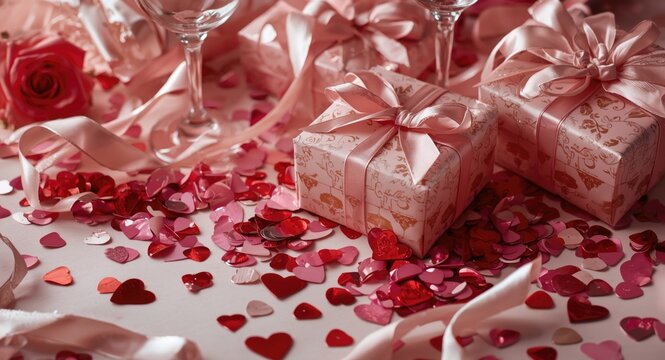 Lovely Valentines Day arrangement featuring scattered sequins wine glasses ribbons and gift boxes