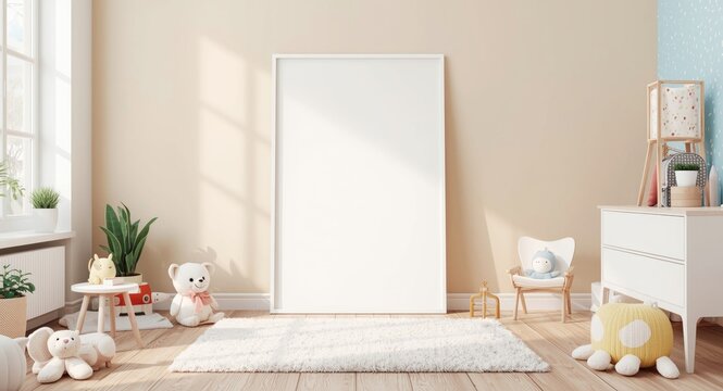Lively kids playroom poster mock up with colorful and happy interior