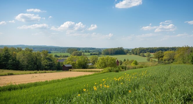 Cheerful summer natural setting featuring fertile fields, forest groves, and open sky