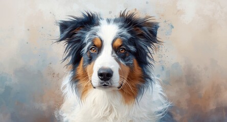 Artistic depiction of an Australian Shepherd in watercolor with dynamic colors