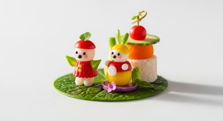 Naklejka premium Whimsical fruit and vegetable characters create a playful scene on a miniature green landscape.