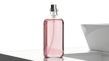 Fototapeta premium Elegant Clear Glass Cosmetic Spray Bottle Filled with Pink Liquid Standing on a White Countertop Next to a Bathroom Sink for Perfume or Toner Packaging Mockup and Beauty Product Presentation