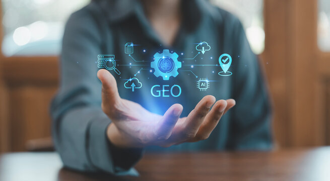 Person hand holding virtual GEO Generative Engine Optimization text with AI brain gear and cloud data icons for future digital marketing strategy, Search Generative Experience, Future of SEO marketing