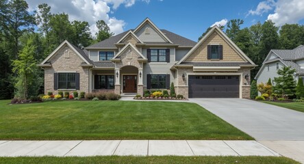 Obraz premium Deluxe house with an immaculate front lawn and contemporary garage design