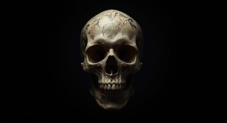 Fototapeta premium Black backdrop featuring human anatomical skull evoking fear of dying and eternal life