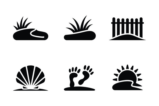 Beach and Shoreline Icons: Sand, Fence, Footprints, Seashell