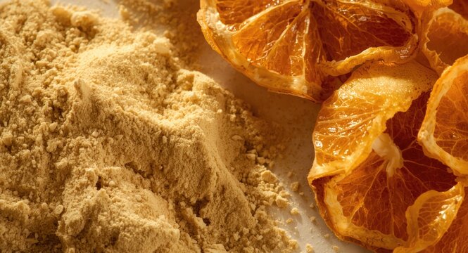 Fine powder of Multani mitti alongside dried orange peel captured in close detail