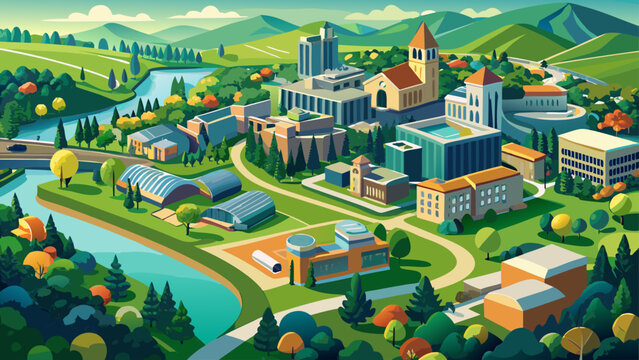 Very beautiful aerial view of green neighborhoods near Cornell University in Ithaca, New York, USA, showing natural ponds, roadways, and the calm residential landscape surrounding the campus.