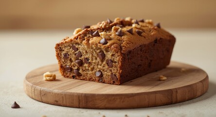 Homemade gluten free banana loaf with chocolate chips and walnuts on natural wooden board