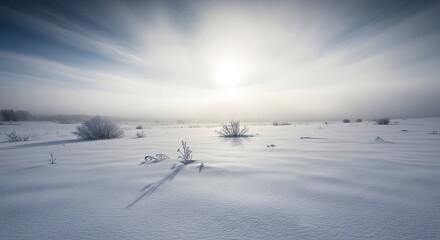 Serene winter landscape with snow covered field and bare bushes under bright sun