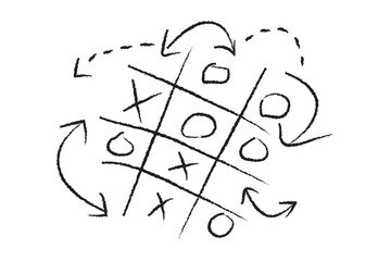 Doodle of a tic-tac-toe game board with X and O symbols and swirling arrows, symbolizing chaotic gameplay and multiple possibilities.