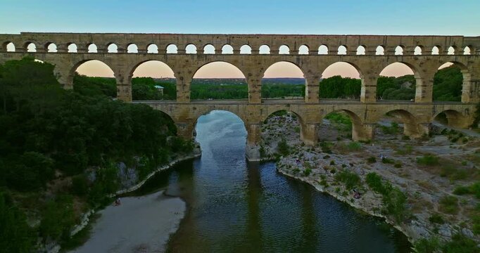 Aerial view of the roman bridge Pont du Gard and the Gardon river, Resmoulins, Gard, Occitania, France