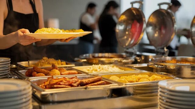 View of a selfserve breakfast buffet station capturing stacks of white plates and warm food pans with focus on the food and blurred background activity.