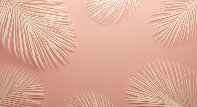 Birds eye perspective of palm leaf paper art on mellow pink surface with copy space