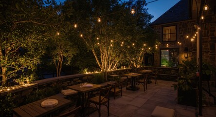 Obraz premium Ambient outdoor scene with lit string lights beside stone terrace and cushioned wood seats