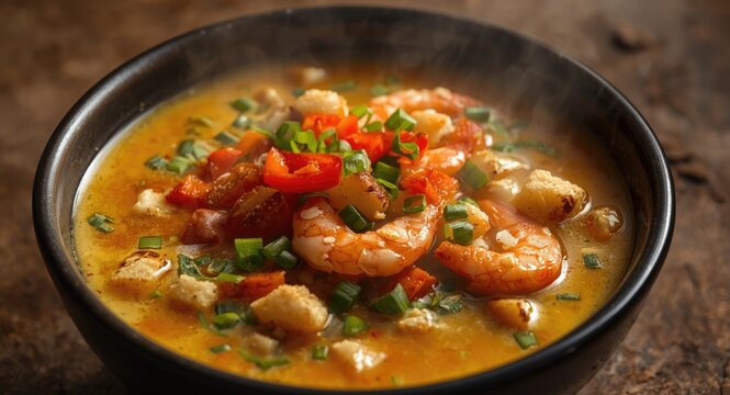 High angle shot of shrimp chowder with colorful toppings and selective focus