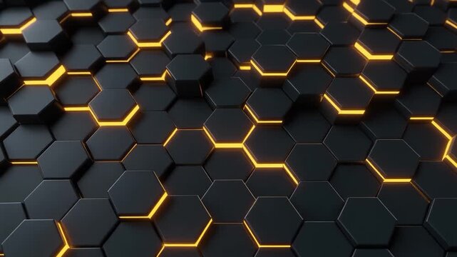 Abstract loop glowing hexagonal tiles assembling disassembling rhythmic motion futuristic cinematic surreal ethereal ambience cascading softly glowing abstract unique style