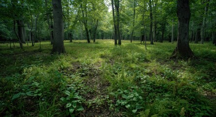 Obraz premium full length landscape of forest ground with grass and natural soil