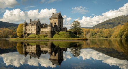 Obraz premium ancient castle surrounded by reflective water and natural landscape