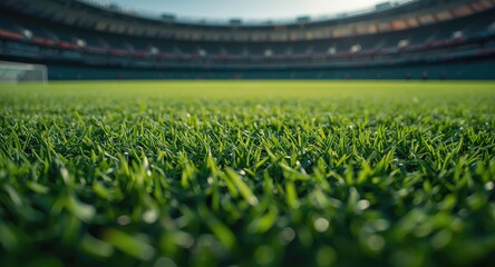 Intense close up of the grass texture and field markings on a soccer pitch