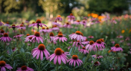 Garden scene with vivid pink and purple coneflowers displayed from a moderate wide lens