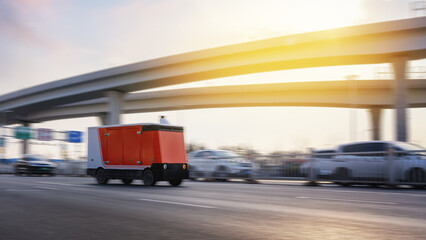 Driverless, autonomous, unmanned delivery vehicle, automation, background;