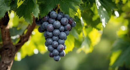 Fototapeta premium Cluster of grapes on vine accompanied by fresh leafy greenery and clear copy space