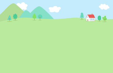 山と小さな赤い屋根の家の背景イラスト
