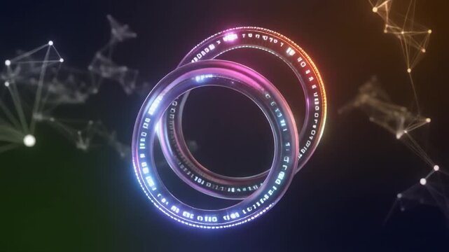 Abstract loop floating bio data rings rotating parallax glowing nodes futuristic cinematic surreal ethereal ambience cascading softly glowing abstract unique style