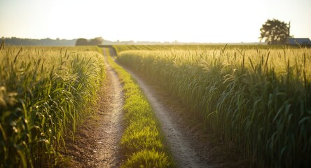 Calm early sunlight bathing a rural road amidst thriving green wheat crops