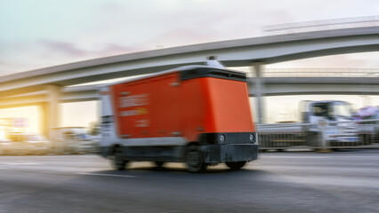 Fototapeta premium Driverless, autonomous, unmanned delivery vehicle, automation, background;