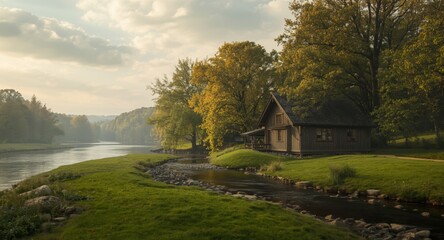 Fototapeta premium Calm river view beside a quaint dwelling with expansive green grass and mature trees beneath a gentle cloudy atmosphere