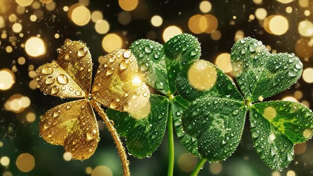Golden four leaf clover with water droplets on leaves