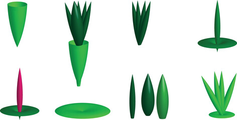 Green leaf tuft 3d render illustration set for spring and summer border or banner design. Cartoon field plant for Easter decoration. Garden and lawn greenery blade leaves. Outdoor vegetation. © Bibi