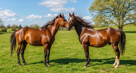 Obraz premium Full length horses standing on a sunny green lawn exchanging playful looks and a positive friendship vibe