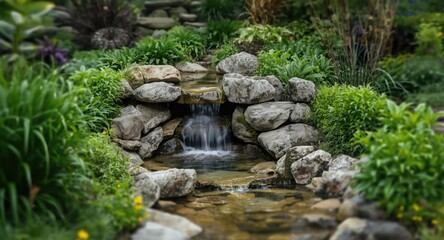 Fototapeta premium Gentle fabricated stream with artistic waterfall embraced by lush vegetation and sleek stones in curated garden scene